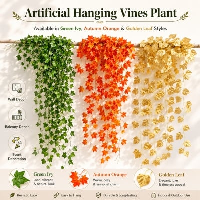 Picture of Artificial Hanging Vines Plant 14ft 7+7 Decorative Green Leaf Garland for Home, Office Wall, Balcony, Wedding, Party, Event, Garden & Room Decoration