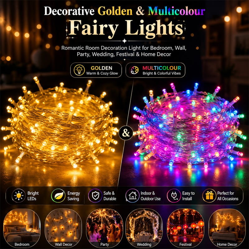 Picture of Decorative Golden & Multicolour Fairy Lights LED String Light – Romantic Room Decoration Light for Bedroom, Wall, Party, Wedding, Festival & Home Decor