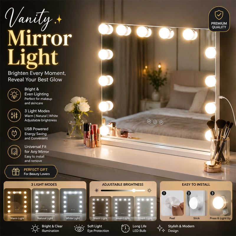 Picture of Vanity Mirror LED Light Kit with 10 Adjustable Bulbs – Dimmable Makeup Dressing Table Mirror Lights, USB Powered Hollywood Style for Bedroom Beauty Setup
