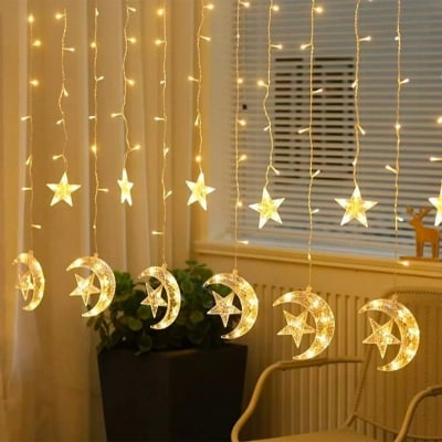 Picture of LED Star Curtain Lights – 6 Moon-Star & 6 Single Star Window Curtain String Light, Multicolor & Golden Color Plug Systems for Home, Party, Wedding Decor