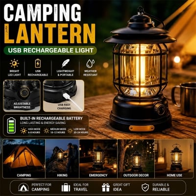 Picture of Retro Portable Camping Lantern USB Rechargeable LED Light – Vintage Outdoor Tent Lamp for Camping, Hiking, Travel, Emergency & Home Use