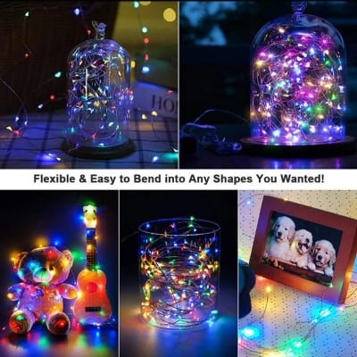 Picture of 2M 20 LED Mini Micro Copper Wire Multicolour Fairy String Lights Battery Operated Flexible LED Strip for Room Bedroom Gaming Setup Party Home Decoration