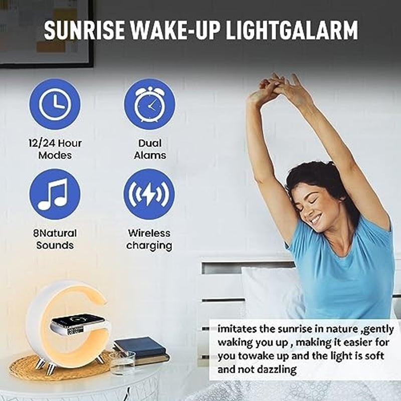 Picture of G63 Speaker Lamp - 4-in-1 Smart LED Table Lamp with Wireless Charger, Bluetooth Speaker, Alarm Clock & App Control Night Light - Charger G Lamp with Sunrise Alarm for Bedroom & Bedside table (G Speaker) Clock Bluetooth Speaker