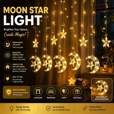 Picture of LED Star Curtain Lights – 6 Moon-Star & 6 Single Star Window Curtain String Light, Multicolor & Golden Color Plug Systems for Home, Party, Wedding Decor