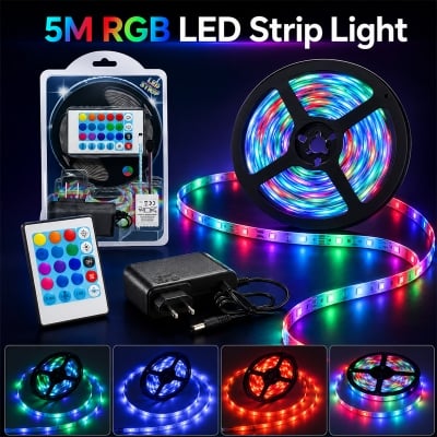Picture of 5M RGB LED Strip Light Set SMD3528 2835 300 LEDs IP65 Waterproof Color Changing Tape Light with Remote Controller for Bedroom, Ceiling, TV Backlight, Gaming Room, Party, Shop, Festival & Home Decoration