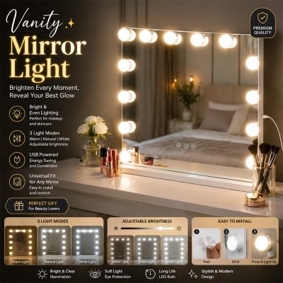 Picture of Vanity Mirror LED Light Kit with 10 Adjustable Bulbs – Dimmable Makeup Dressing Table Mirror Lights, USB Powered Hollywood Style for Bedroom Beauty Setup