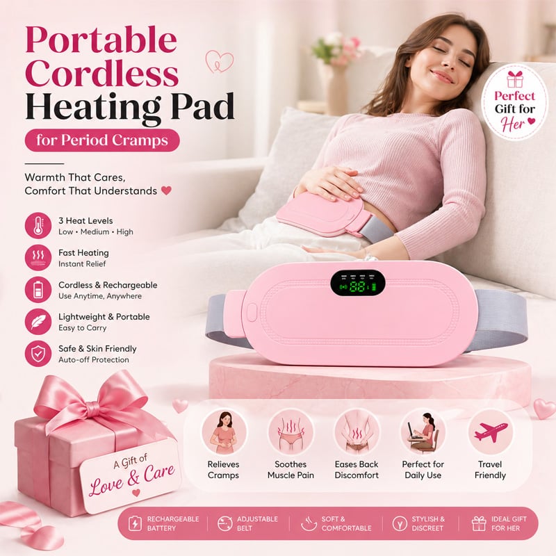 Picture of Portable Cordless Heating Pad for Period Cramps – Fast Heating Menstrual Pad with 6 Heat Levels 6 Massage Modes Belly Back Pain Relief Massager for Women
