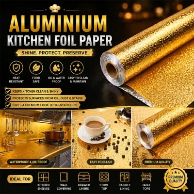 Picture of Kitchen Golden Oil Proof Waterproof Aluminum Foil Adhesive Wallpaper 45cm – Self Adhesive Heat Resistant Wall Sticker for Kitchen Counter Cabinet