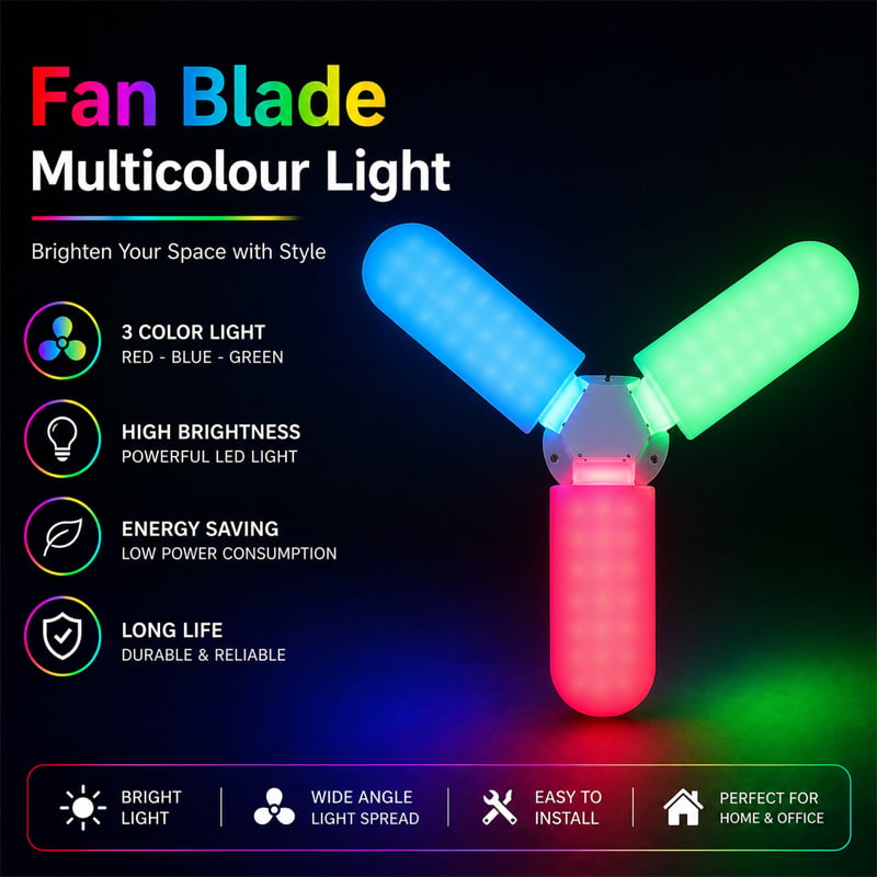Picture of LED Multicolor Foldable Fan Blade Light Bulb Red Blue Green Adjustable B22 LED Ceiling Lamp High Brightness Energy Saving Foldable Blade Light for Home Room Garage Indoor Lighting