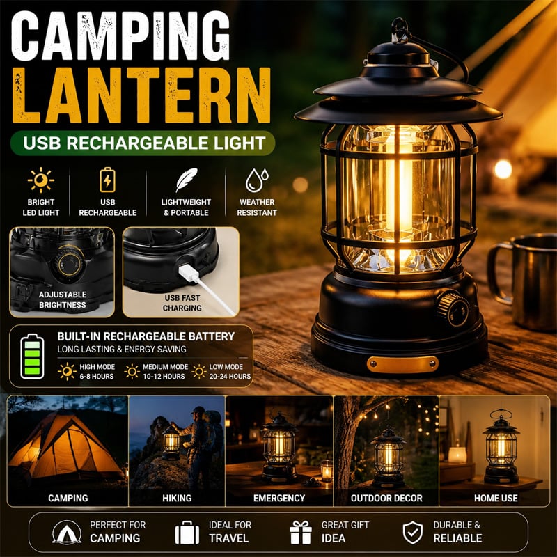 Picture of Retro Portable Camping Lantern USB Rechargeable LED Light – Vintage Outdoor Tent Lamp for Camping, Hiking, Travel, Emergency & Home Use