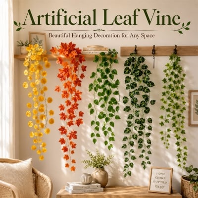Picture of 1 Pcs Artificial Ivy Red Maple Plastic Fake Leaves Garland 7ft Long Hanging Vine Leaf for Home, Garden, Wall, Balcony, Office, Party & Event Decoration