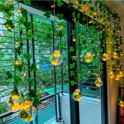 Picture of Wish Ball Leaf Curtain Light – Decorative LED String Lights with Green Leaves, 16 Feet Fairy Lights for Bedroom, Living Room, Wedding Party Decor
