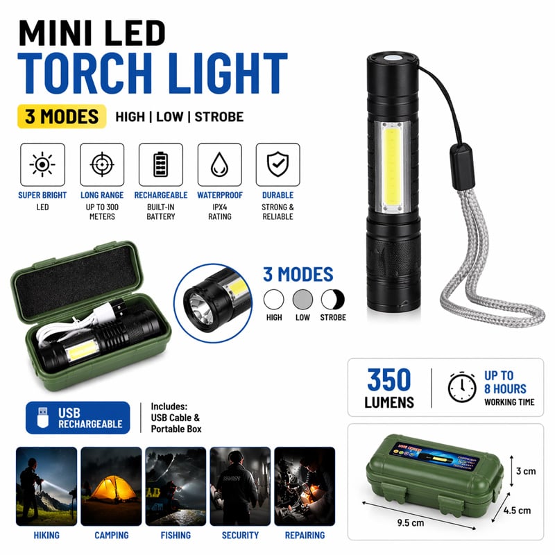 Picture of Rechargeable Flashlight Torch LED USB Portable 3 Modes Mini Camping Lighting – Torch Light for Outdoor, Emergency, Hiking, and Night Use