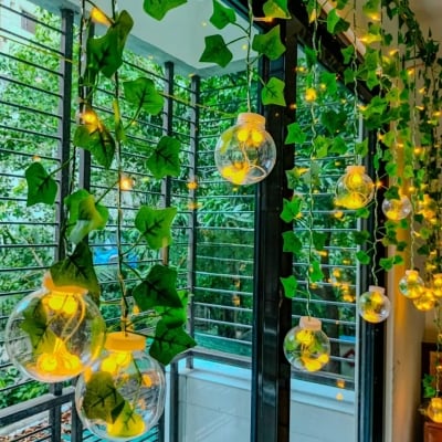 Picture of Wish Ball Leaf Curtain Light – Decorative LED String Lights with Green Leaves, 16 Feet Fairy Lights for Bedroom, Living Room, Wedding Party Decor