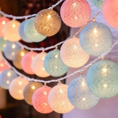 Picture of 20 LED Cotton Ball String Lights Garland – Decorative Fairy Lights for Room, Christmas, Wedding, Garden, Patio Outdoor Indoor Decoration