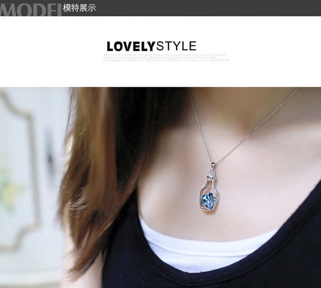 Picture of Ladies Fashion Popular Crystal Necklace Heart Love Chain Necklaces & Pendants For Women 2020 Gifts Love Drift Bottles Necklace - Blue