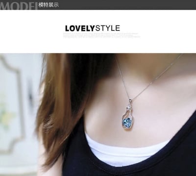 Picture of Ladies Fashion Popular Crystal Necklace Heart Love Chain Necklaces & Pendants For Women 2020 Gifts Love Drift Bottles Necklace - Blue