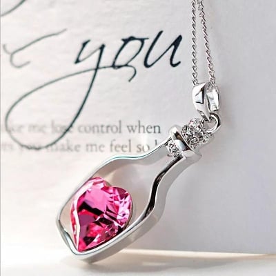 Picture of Women Ladies Fashion Popular Crystal Heart Pendant Necklace Love Drift Bottles Necklace for women Boho Choker - Red