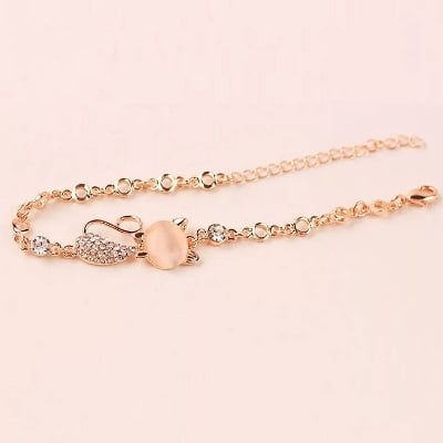 Picture of Rose Golden Alloy Lovely Cat Bracelets for Women Charms Crystal Opals Rhinestone Bangle - Gold