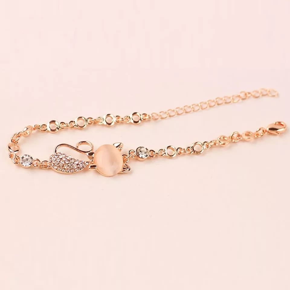 Picture of Rose Golden Alloy Lovely Cat Bracelets for Women Charms Crystal Opals Rhinestone Bangle - Gold
