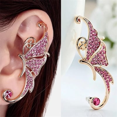 Picture of Korean Style Handsome Super Fairy Butterfly Chain Earrings Ear Bone Clip Integrated Ear Jewelry For Girl and Women - Pink - Adjustable