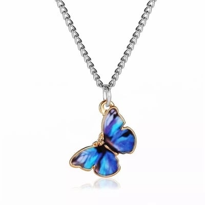 Picture of cute Colorful Stainless Steel Butterfly Pendant Necklace - Blue - Adjustable