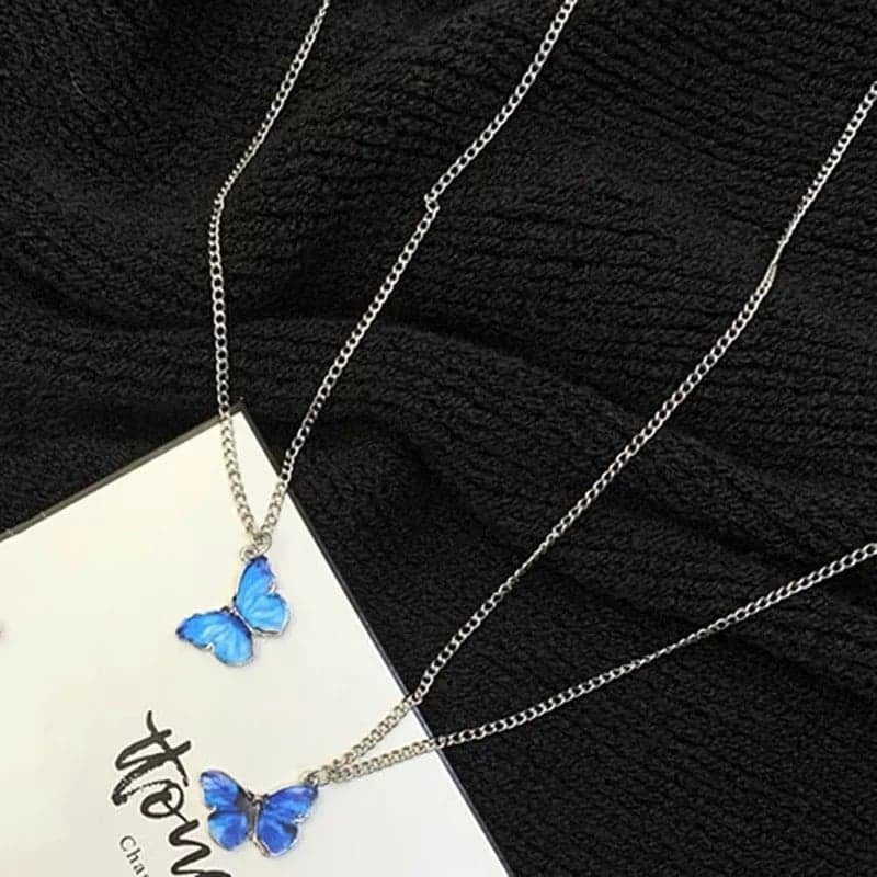 Picture of cute Colorful Stainless Steel Butterfly Pendant Necklace - Blue - Adjustable