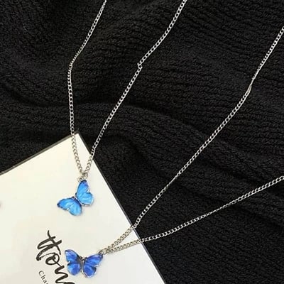 Picture of Butterfly Chain Pendant Necklace For Women - Blue - Adjustable