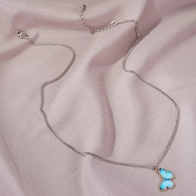 Picture of Butterfly Chain Pendant Necklace For Women - Blue - Adjustable