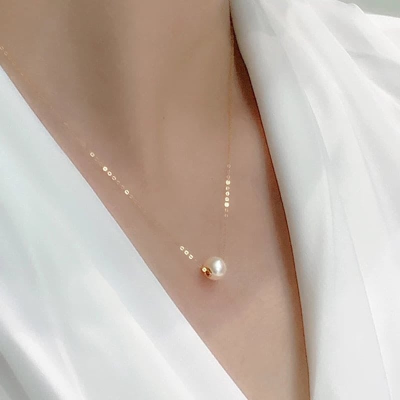 Picture of Simple shiny fine golden chain necklace with pearl For Women - Golden - Adjustable