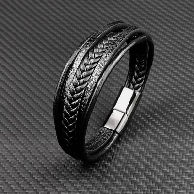 Picture of Multilayer Leather Bracelet Men Stainless Steel Top Quality Jewelry Male Black Braided Fashion Punk - Black - Adjustable