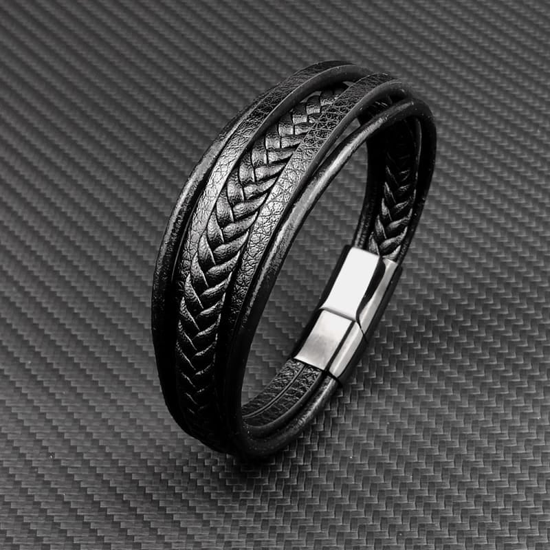 Picture of Multilayer Leather Bracelet Men Stainless Steel Top Quality Jewelry Male Black Braided Fashion Punk - Black - Adjustable
