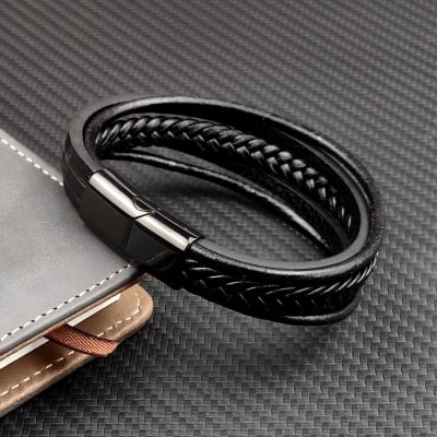 Picture of Multilayer Leather Bracelet Men Stainless Steel Top Quality Jewelry Male Black Braided Fashion Punk - Black - Adjustable
