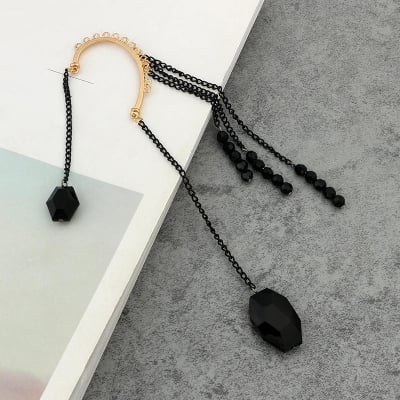 Picture of Long Tassel Earrings for Women Shiny Arc Geometric Korean earrings for girls - Black - Adjustable