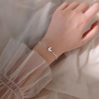 Picture of Japanese And Korean New Style bracelet design for girl simple  Niche Design Butterfly Double Layer Round Bead Bracelet - Silver