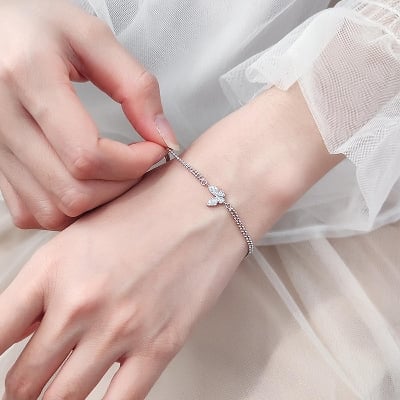 Picture of Sterling Silver Zircon Butterfly Bracelet for Women Couples Vintage Fashion Bead Chain - Silver