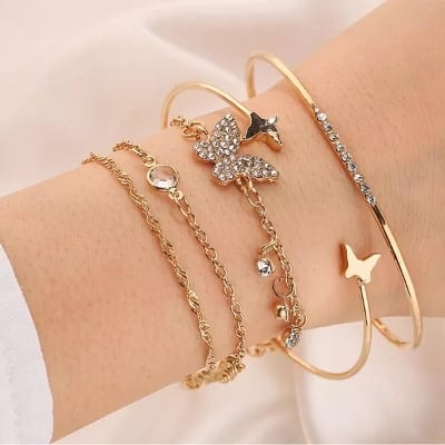 Picture of Gothic Imitation Pearls Lock Butterfly  Bracelets Set Female Knot Flower Bracelet - Gold