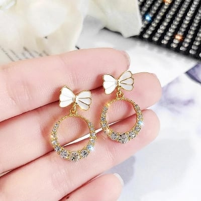 Picture of Korea Elegant Fashion Crystal Round Geometry Bow Dangle Earrings for Women - Silver - Adjustable