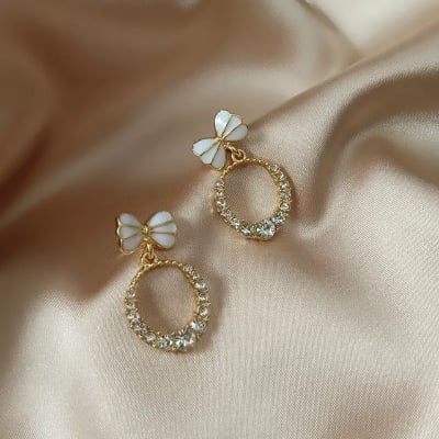 Picture of Korea Elegant Fashion Crystal Round Geometry Bow Dangle Earrings for Women - Silver - Adjustable