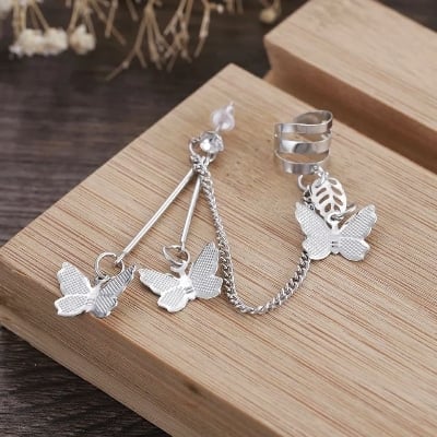 Picture of Korean Style Handsome Super Fairy Butterfly Chain Earrings Ear Bone Clip Integrated Ear Jewelry For Girl and Women - Silver