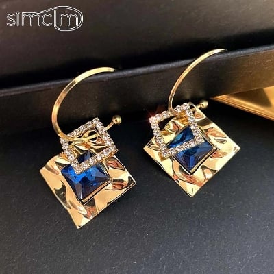 Picture of Square Crystal Blue Zircon Dangle Ear Stud Earrings Women - Blue