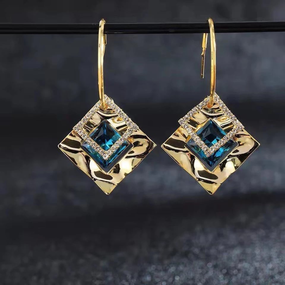 Picture of Square Crystal Blue Zircon Dangle Ear Stud Earrings Women - Blue