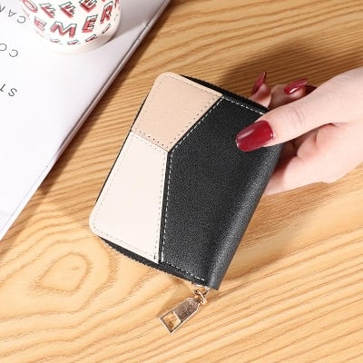 Picture of Women Leather Wallets Short Zipper Tassel Design Coin Purses Clutch Female Patchwork Credit Card Holder - Black