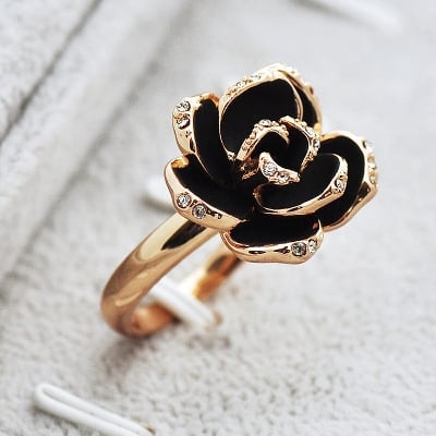Picture of Crystal Rose Flower Women  Ring - Black - Adjustable