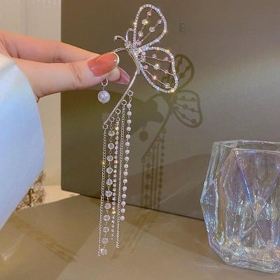 Picture of Cute Rhinestone long  Butterfly Stud Earrings Metal Chain Boucle Jewelry - Multicolor