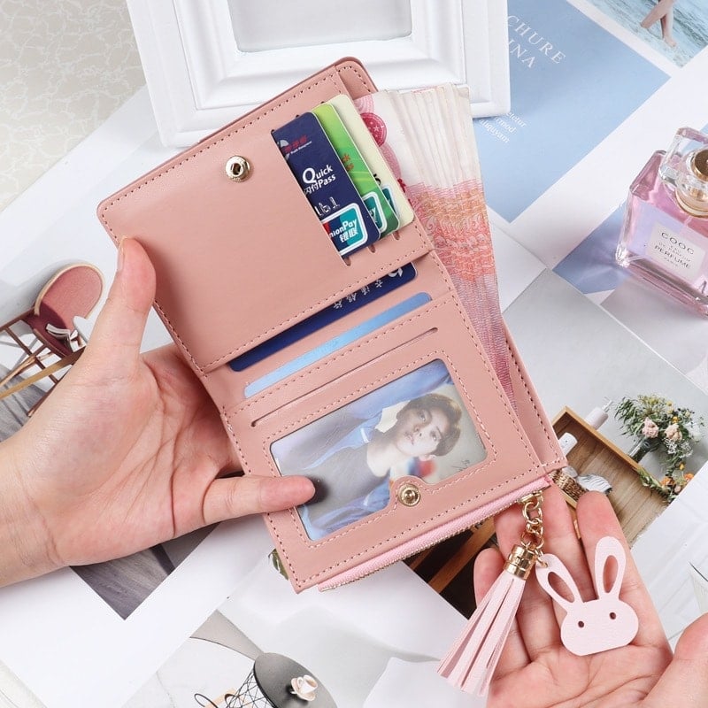 Picture of Women Wallets Short Zipper Patchwork Panelled Coin Purse Card Holder Bag For Women - Pink