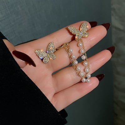 Picture of Korean Elegant Cute Trendy Fashionable Rhinestone Butterfly Ear Cuff Stud Earring for Women New Collection - Earrings for Girls Simple Fashion/ Earrings for Women/Butterfly Long Tassel Earrings /Ear Clip - Gold - Adjustable
