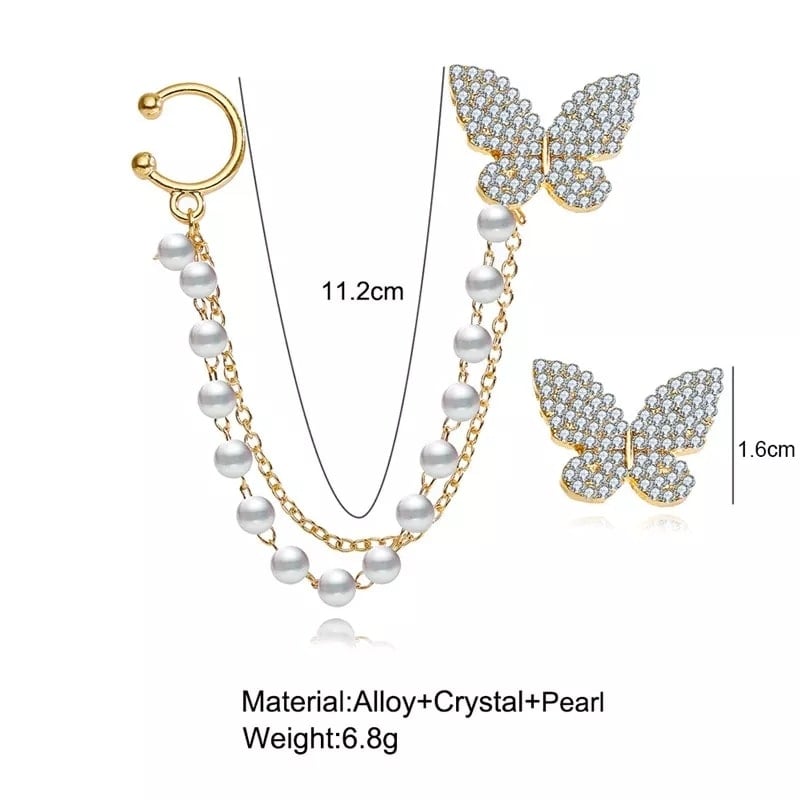 Picture of Korean Elegant Cute Trendy Fashionable Rhinestone Butterfly Ear Cuff Stud Earring for Women New Collection - Earrings for Girls Simple Fashion/ Earrings for Women/Butterfly Long Tassel Earrings /Ear Clip - Gold - Adjustable