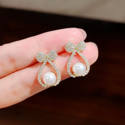 Picture of New Elegant and Exquisite Zircon Bow Pearl Earrings For Woman 2021 Korean Fashion Jewelry Party Girl Temperament Earrings - White