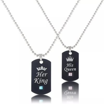 Picture of Romantic Her King & His Queen Couple Necklaces Black Crown Statement Lovers Pendant Necklace For Couples - Black - Adjustable